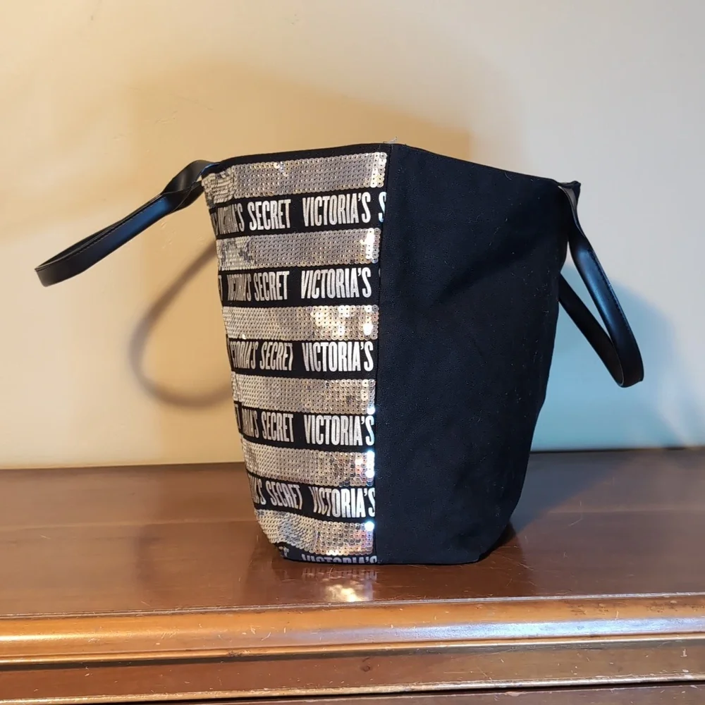 Victoria's Secret Sequin Black & Silver Classic Logo Travel Tote Zipper Top - Picture 4 of 11